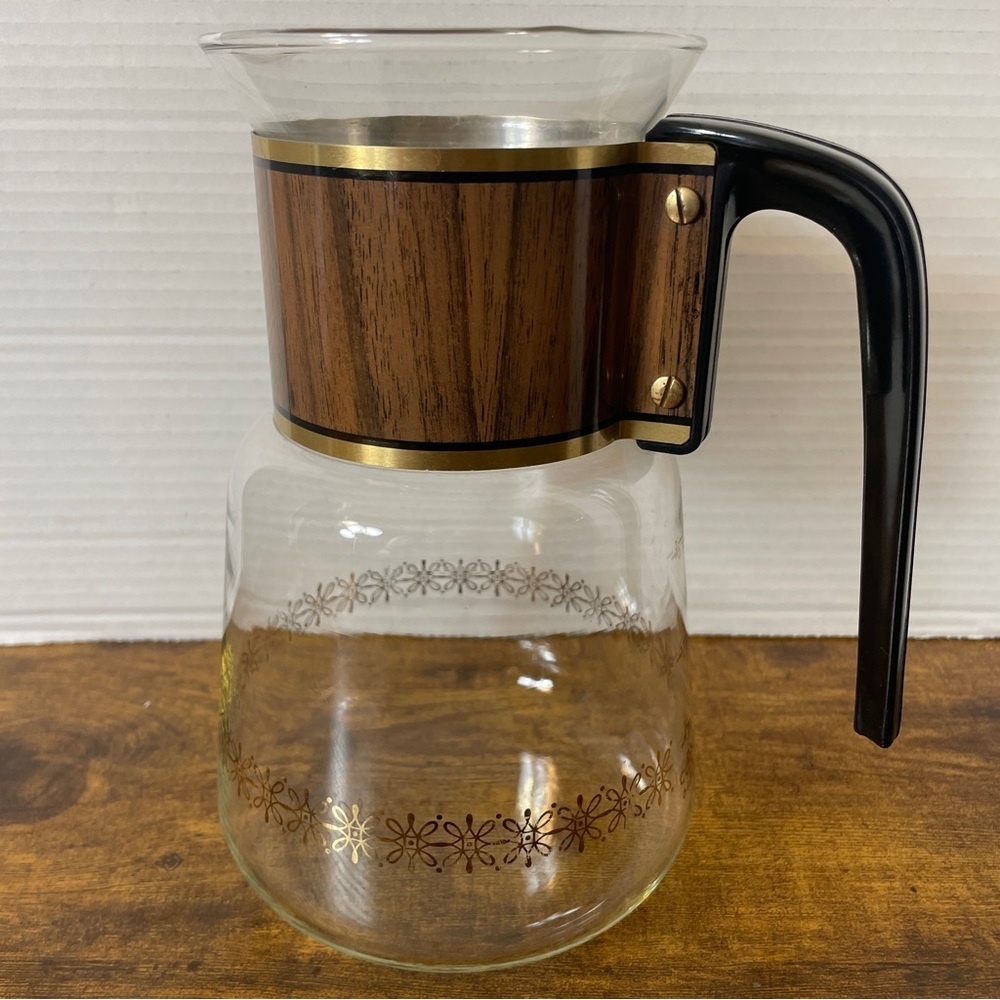 VTG‎ Cory Glass 8c Coffee Pot Carafe Pitcher Wood Grain Gold DGPL5 Retro 70s 80s